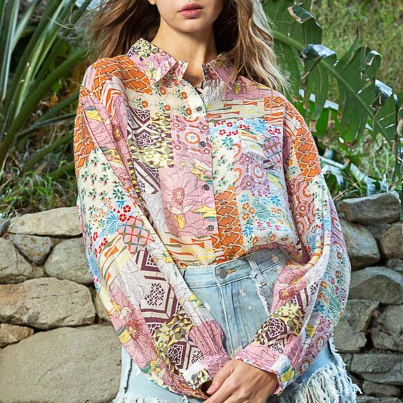 POL Oversize multi patterns button down top - NWT - Size M - Picture 4 of 5